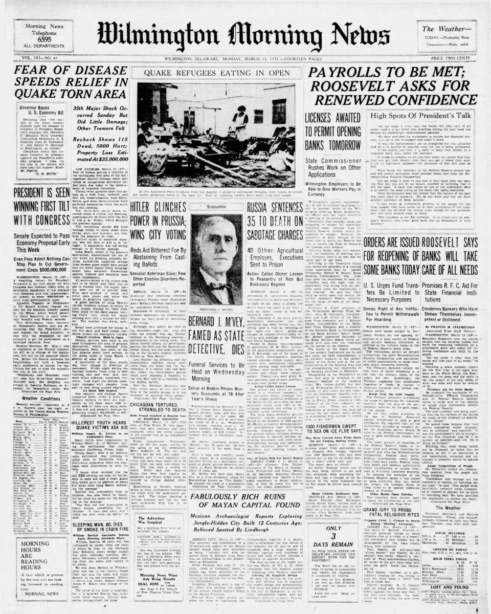 Front page of the Wilmington Morning News from March 13, 1933.