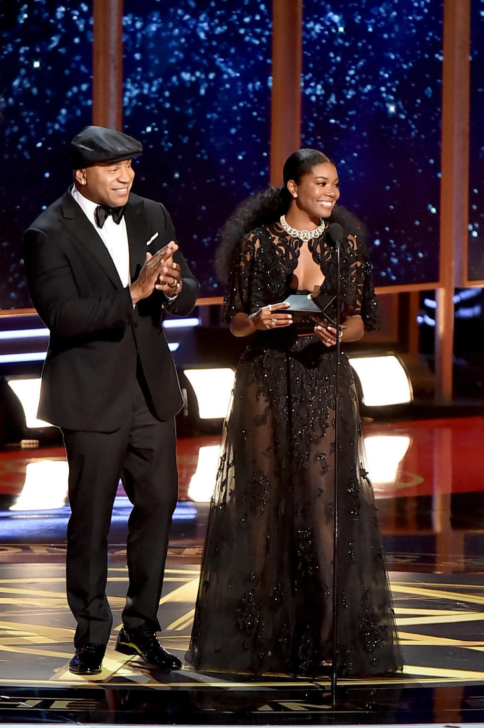 Actors LL Cool J and Gabrielle Union speak onstage during the 69th Annual Primetime Emmy Awards at Microsoft Theater on Sept. 17, 2017 in Los Angeles, California.