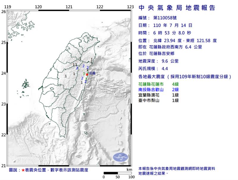 6點53分又發生地震芮氏規模4.4。（圖／中央氣象局）