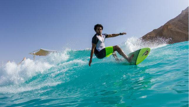 Mo navigates a wave at Wadi Adventure in Al Ain.