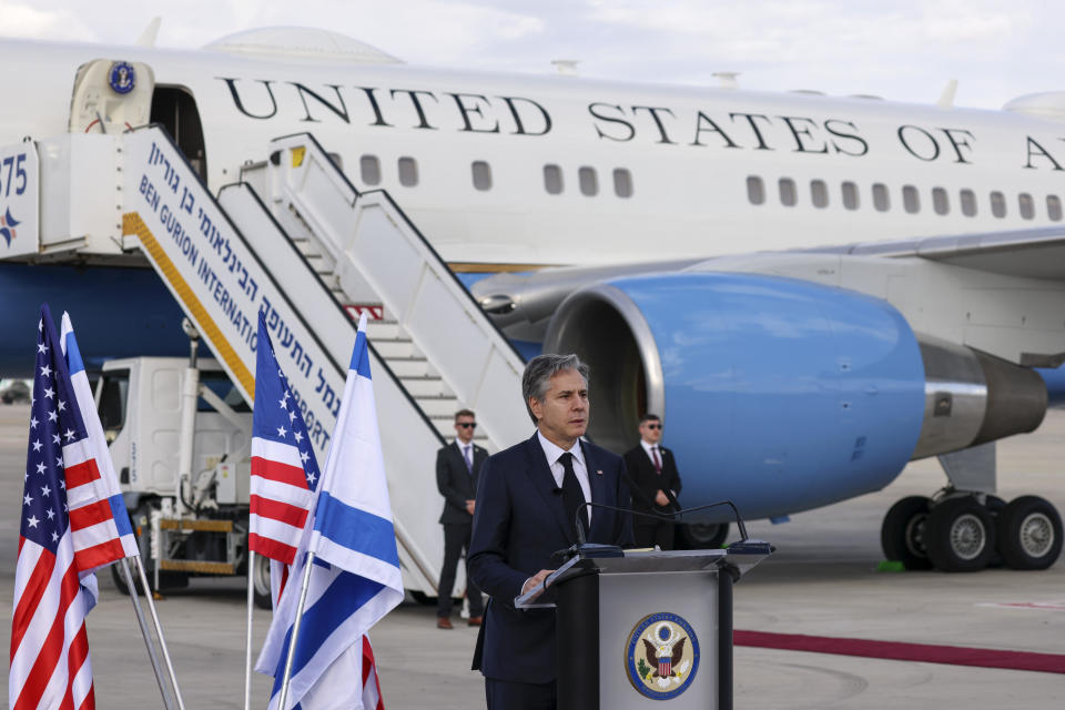 U.S. Secretary of State Antony Blinken delivers a statement upon his arrival at Israel's Ben Gurion Airport near Tel Aviv, January 30, 2023. / Credit: Ronaldo Schemidt/AP