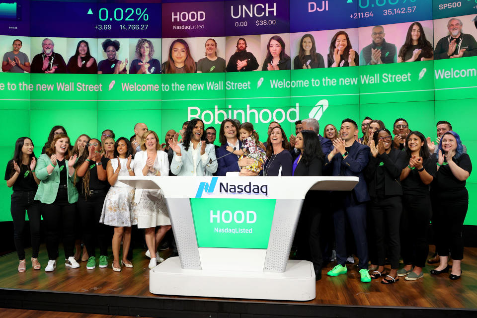 NEW YORK, NEW YORK - JULY 29: Baiju Bhatt and Vlad Tenev celebrate after ringing the bell on Robinhood Markets IPO Listing Day on July 29, 2021 in New York City. (Photo by Cindy Ord/Getty Images for Robinhood)