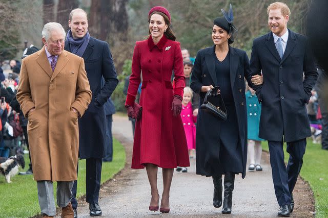 <p>Samir Hussein/Samir Hussein/WireImage</p> Prince Charles, Prince William, Kate Middleton, Meghan Markle and Prince Harry on Christmas in 2018.