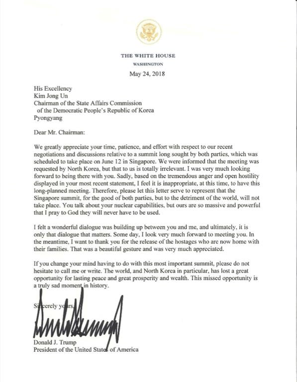 A copy of US President Donald Trump's letter to North Korean leader Kim Jong Un scrapping their planned summit