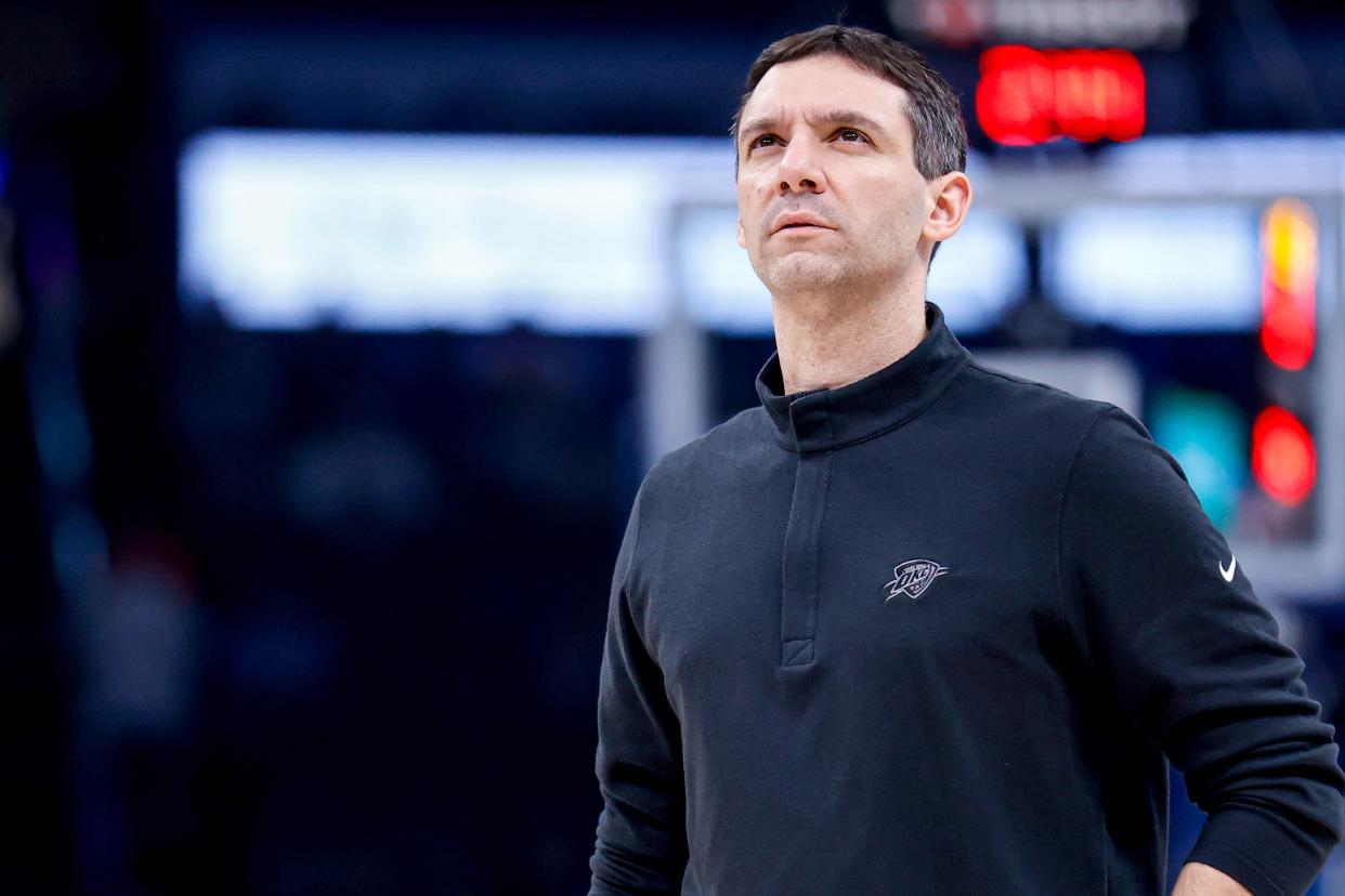 Oklahoma City head coach Mark Daigneault looks at the score in the third quarter April 10 during an NBA game against the San Antonio Spurs at the Paycom Center in Oklahoma City.