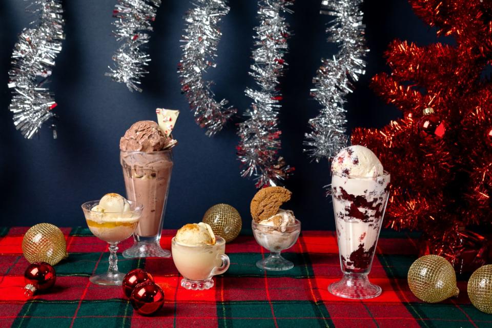 PHOTO: Apple brandy and pecan pie, peppermint bark cocoa, gingerbread cookie dough and sugar plum fairy ice cream from Salt & Straw. (Salt & Straw)