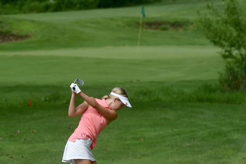 Caylee Lattimer tees off while participating in the Licking County Junior Golf Association's final event of the season on Monday, July 25, 2022 at Clover Valley Golf Club in Johnstown.