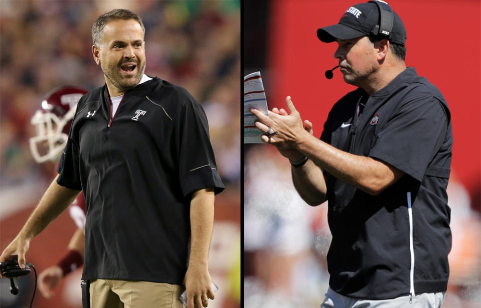 Baylor's Matt Rhule (L) and Ohio State's Ryan Day remain undefeated this college football season. (Getty)