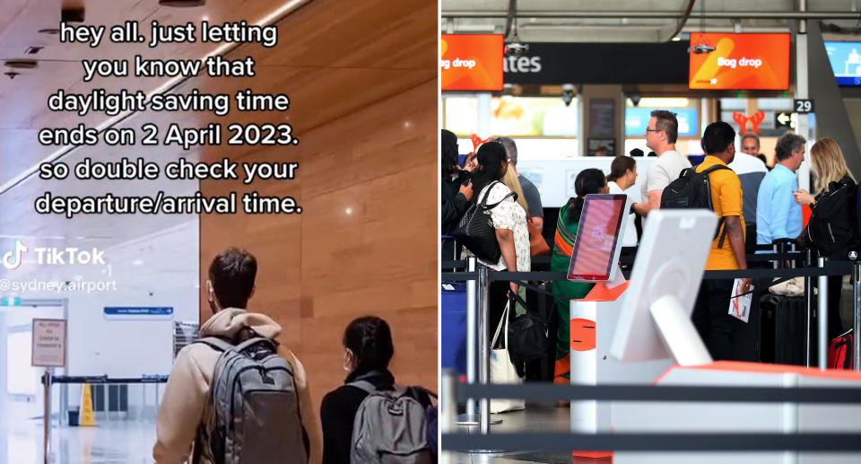 Sydney Airport's TikTok video of passengers at the airport (left) and customers at the check in desk (right) ahead of daylight saving ending this weekend.