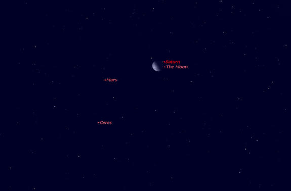 Saturn appears to shine extremely close to the moon in this sky map depicting the location of the planet, the moon, Mars and the asteroid Ceres high in the northwest sky as seen at 7:32 p.m. local time at the Australia National Radio Observator