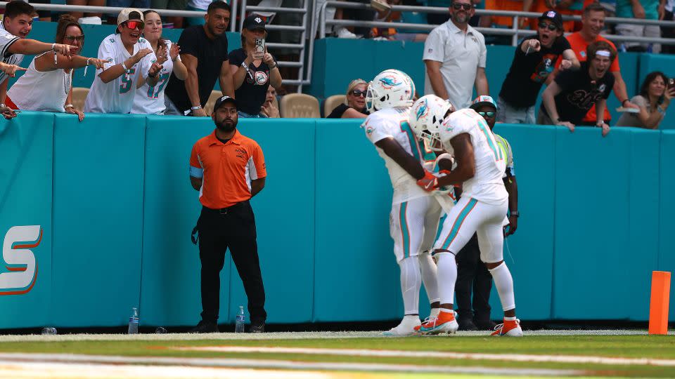 Tyreek Hill and Jaylen Waddle celebrate Hill's third-quarter touchdown against the Jacksonville Jaguars. - Megan Briggs/Getty Images