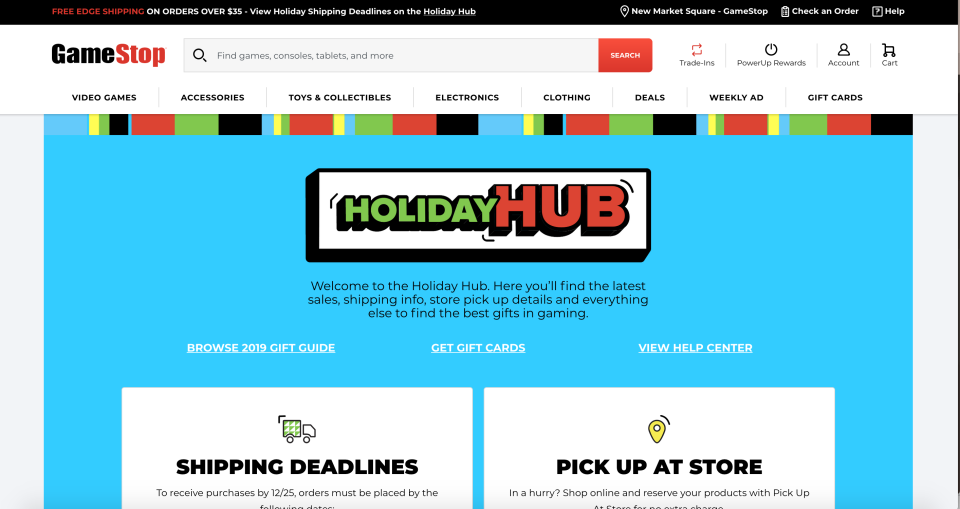 Screengrab of GameStop's Holiday Hub website