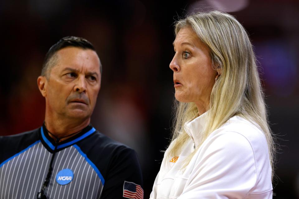 Tennessee Lady Vols coach Kellie Harper= reacts while listening to an official during the first half of the game against the NC State Wolfpack in the second round of the NCAA Women's Basketball Tournament at Reynolds Coliseum on March 25, 2024 in Raleigh, North Carolina. (Photo by Lance King/Getty Images)