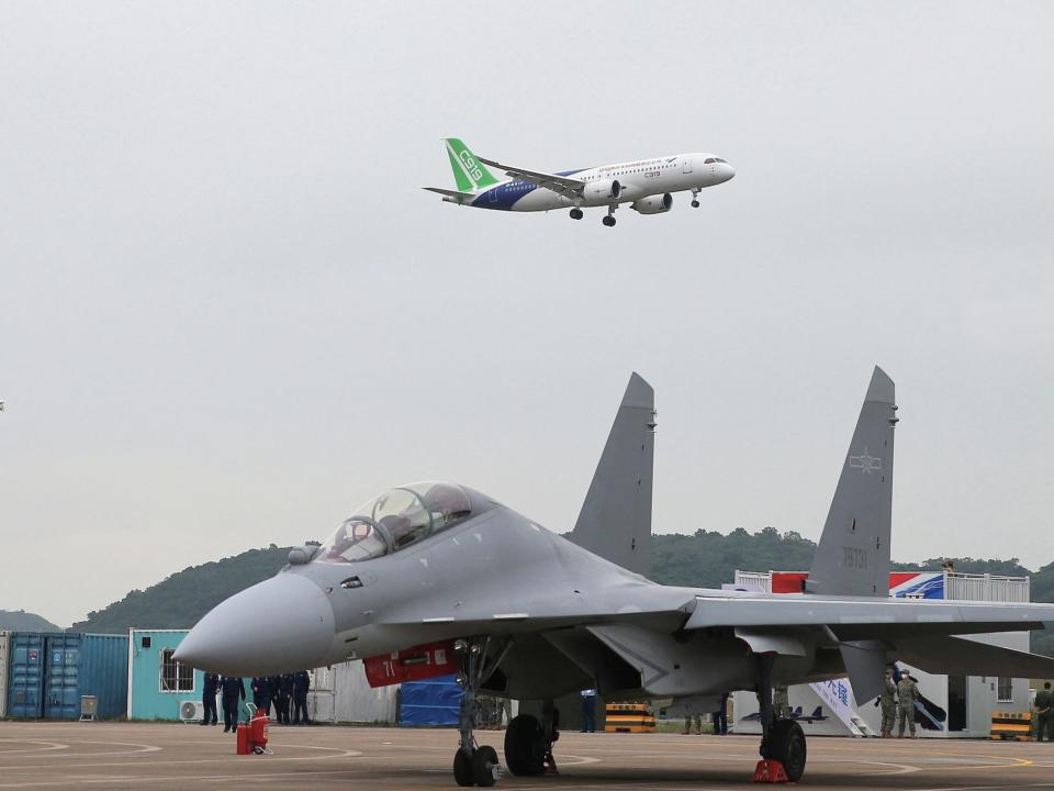 The C919 flying at the Zhuhai Air Show on Tuesday.