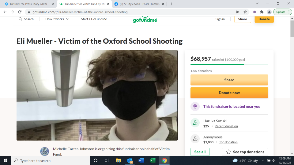 Eli Mueller, who survived the Oxford school shootings Nov. 30, has been released from the hospital. His family set up a GoFundMe.com page to help offset medical and other costs. This image was taken Monday, Dec. 6, 2021.