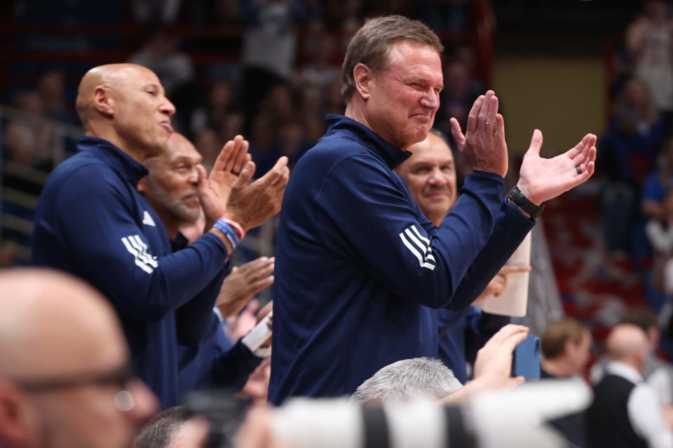 Kansas basketball coach Bill Self applauds his seniors after the Sunflower Showdown game at Allen Fieldhouse on March 5, 2024.