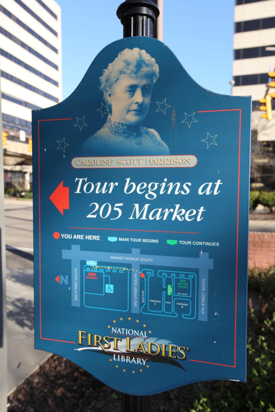 Ohio-born first lady Caroline Scott Harrison is featured on this sign in Canton leading visitors to the First Ladies National Historical Site.