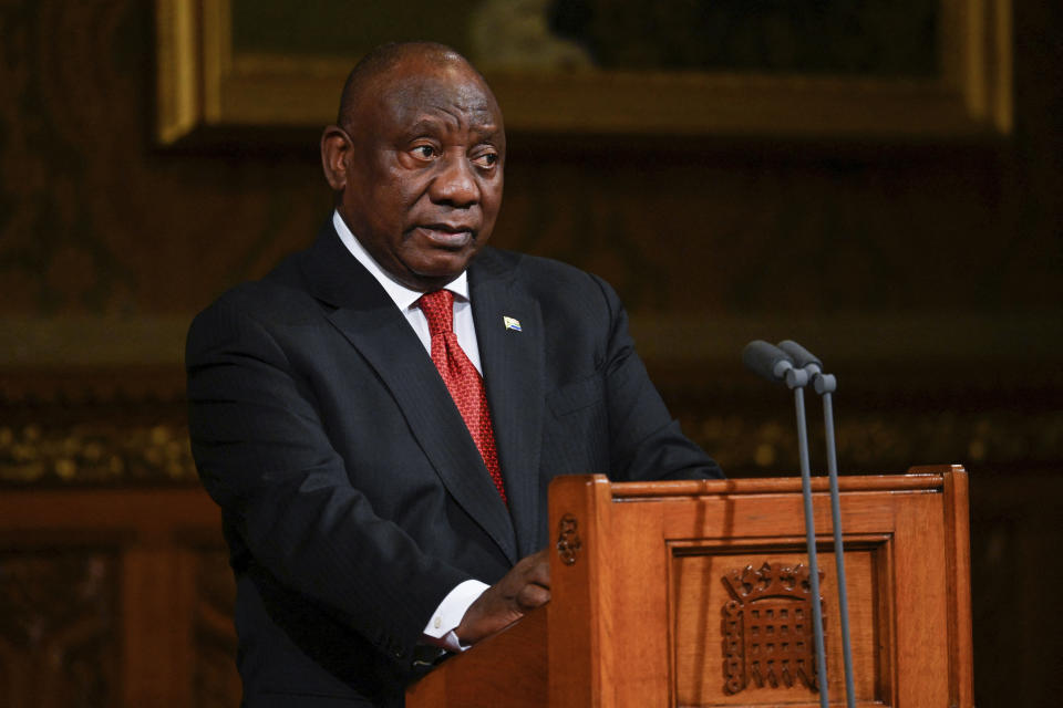 South African President Cyril Ramaphosa delivers a speech at the Houses of Parliament during a state visit, in London, Tuesday Nov. 22, 2022. (Toby Melville/Pool photo via AP)
