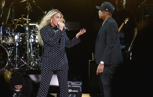 Jay Z (on stage with Beyonce in 2016) alludes to his infidelity on new album 4:44. Source: Getty