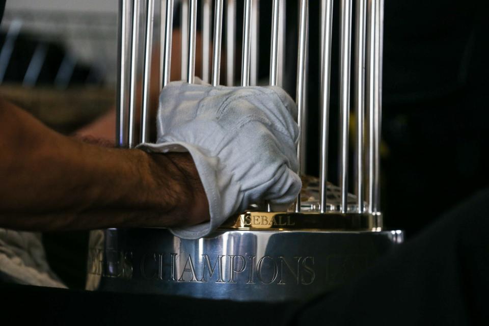 The Astros World Series Championship trophy tours suites at Whataburger Field before a Hooks game, Saturday, April 22, 2023, in Corpus Christi, Texas.