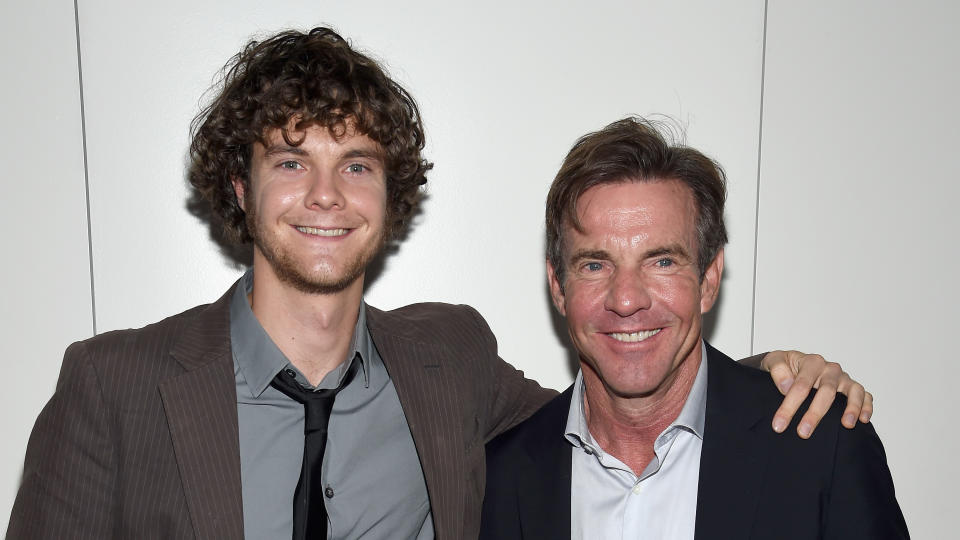 Jack Quaid and Dennis Quaid attend the Armani and Cinema Society Screening of "Truth" on October 7, 2015. (Photo by Dimitrios Kambouris/Getty Images)