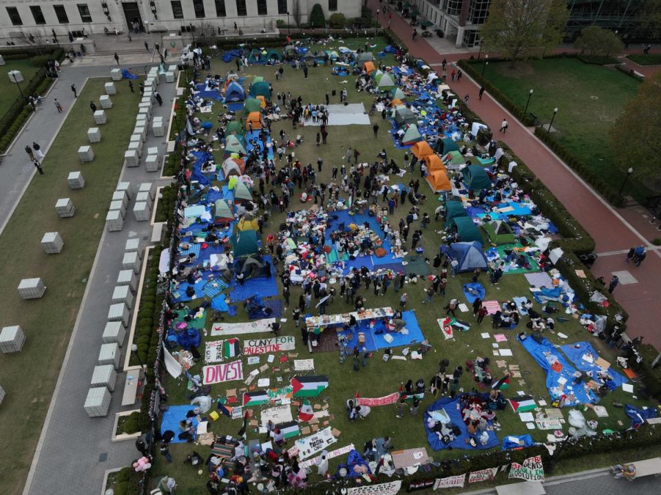 Pro-Palestinian protesters have established an encampment, pictured above on Sunday, on the Columbia University campus (Anadolu via Getty Images)