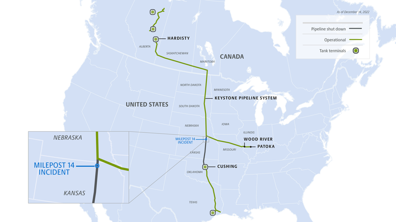A map of the Keystone Pipeline in Kansas in TC Energy’s 7th oil spill update. 