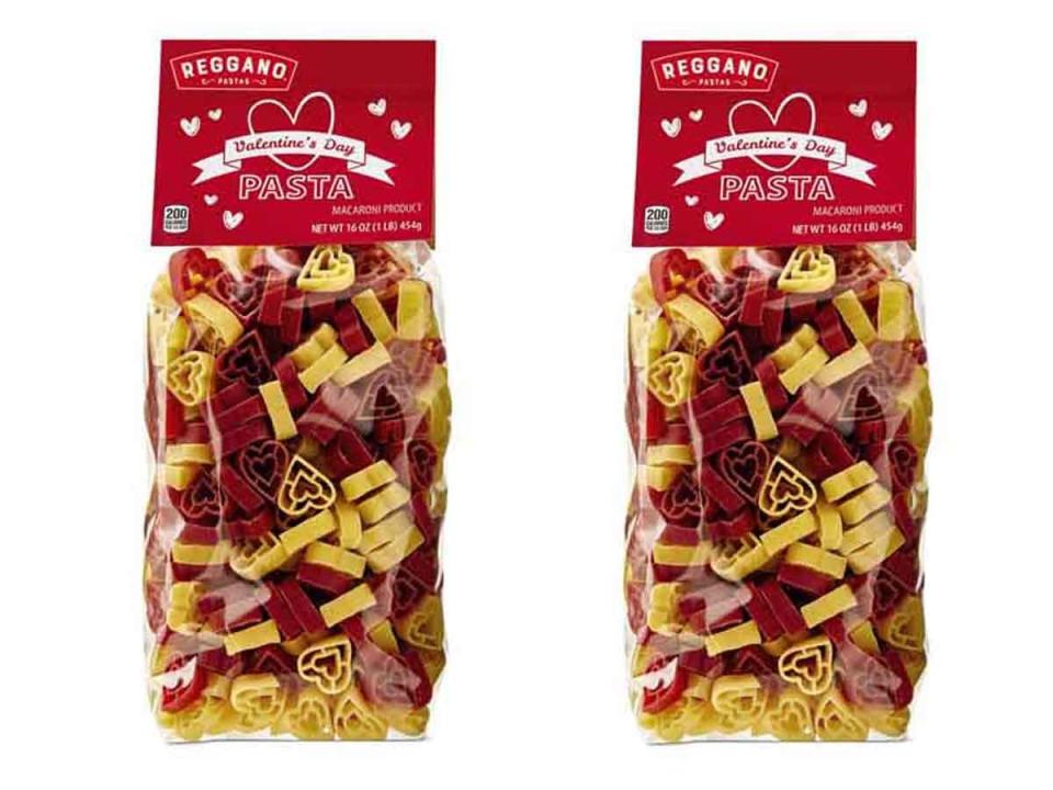 Aldi heart-shaped pasta in clear and red packaging