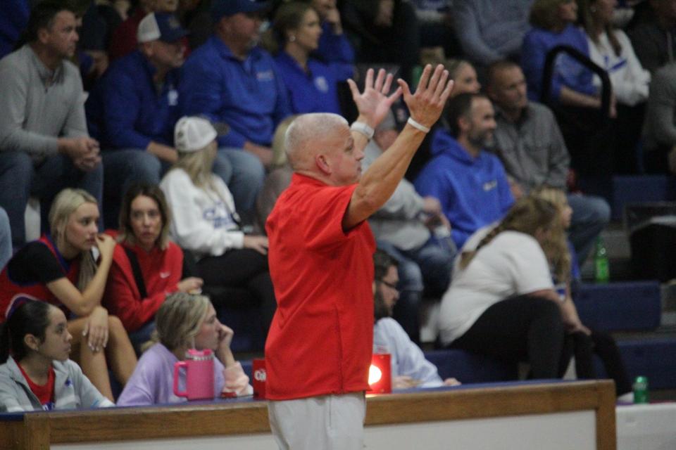Pace girls basketball head coach Greg Gill expresses some frustration at a no-call during the Patriots' 45-32 loss to Jay on Thursday, Dec. 14, 2023, in Jay.