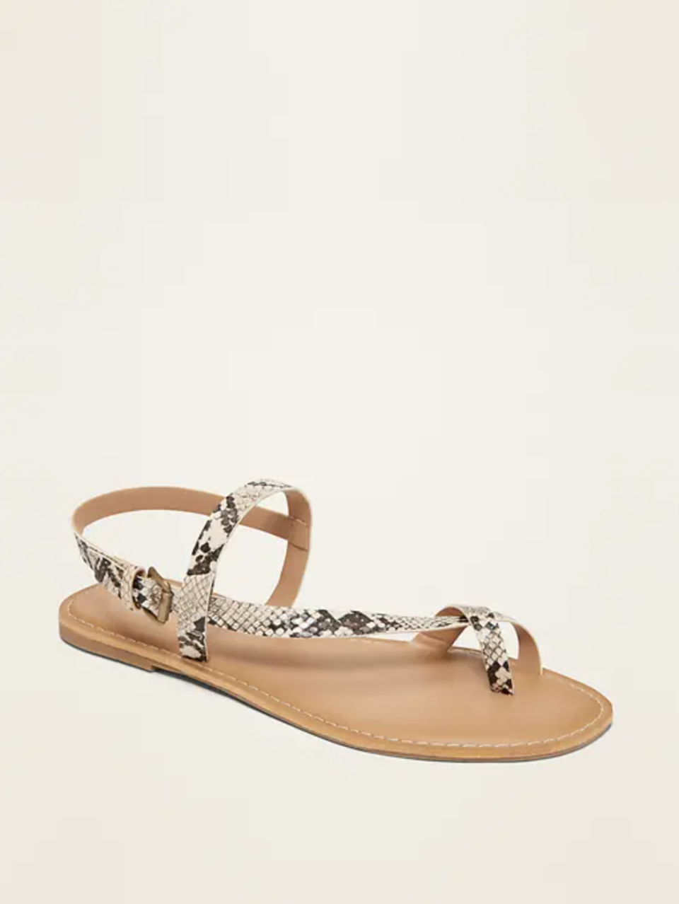 Faux-Leather Asymmetric Cross-Strap Sandals in Snake (Photo via Old Navy)