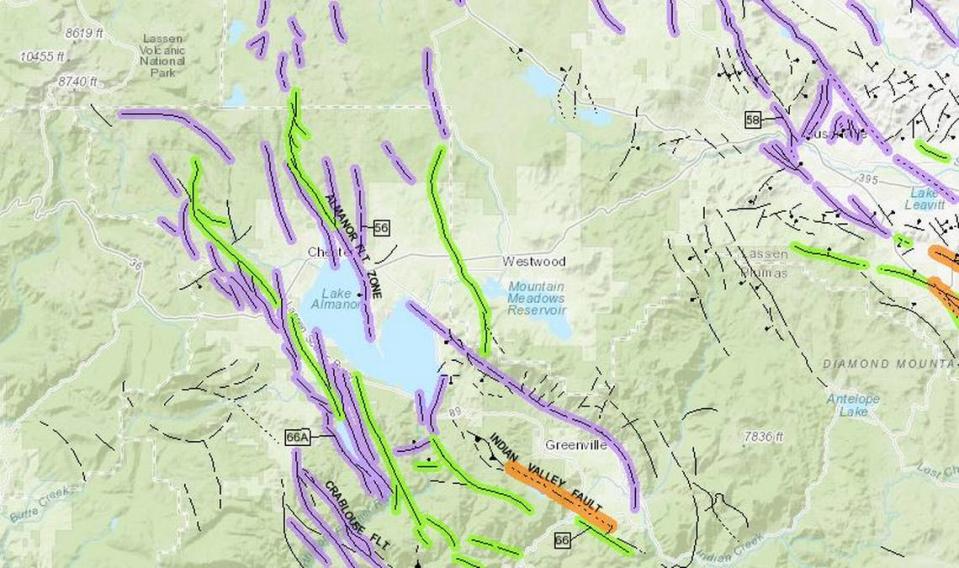 A map by the California Geological Survey shows faults near the Lake Almanor area in Plumas County, where a magnitude 5.5 earthquake struck Thursday, May 11, 2023, followed by a magnitude 5.2 aftershock early Friday, May 12, both with epicenters beneath the lake. Faults marked in purple have moved in the past 1.6 million years, in purple during the past 700,000 years and in orange during the past 11,700 years.