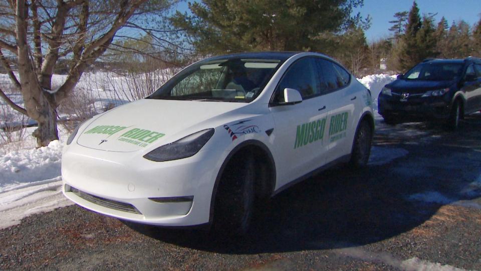 A new Tesla sits in the MusGo Rider's head office in Porters Lake. The rural transit group got the vehicle through a federal funding program.