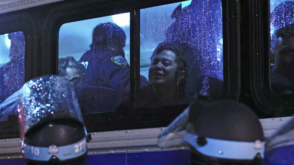 Arrested protesters are seen inside a NYPD bus. Photo: 30 April 2024