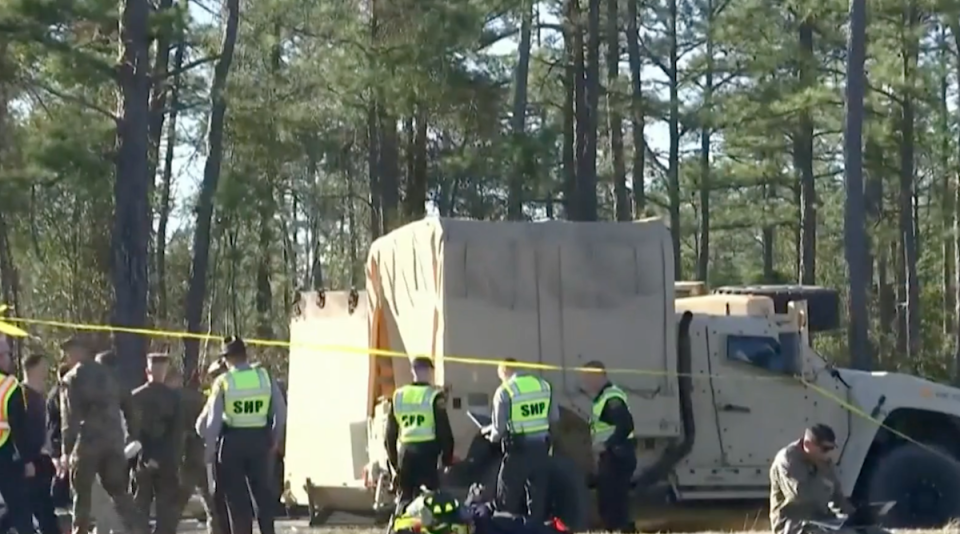 Officials respond to a military vehicle crash in North Carolina on Wednesday, January 19, 2022. 