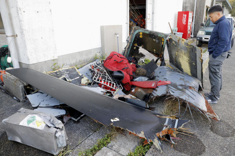 Wreckage believed to belong to the U.S. military V-22 Osprey that crashed into the sea is collected at Anbo port at Yakushima Island, Kagoshima prefecture, western Japan, Nov. 30, 2023. / Credit: Kyodo via REUTERS