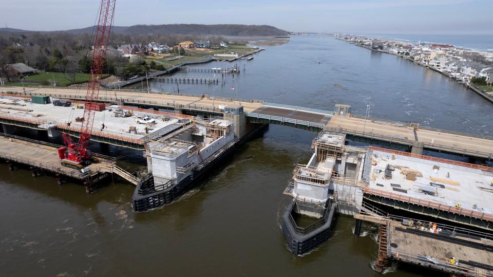 Construction continues Tuesday, April 9, 2024, on the new Rumson Road bridge over the Shrewsbury River between Rumson (left) and Sea Bright.