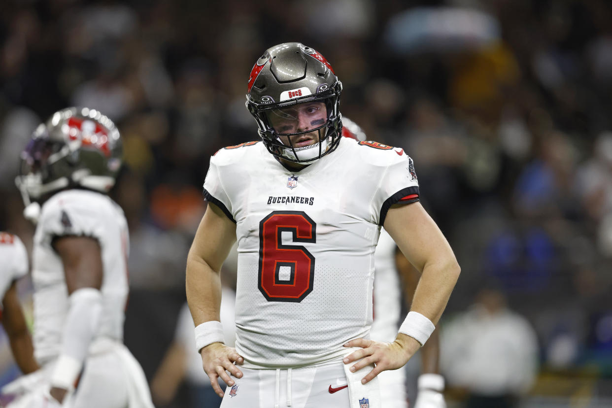 Tampa Bay Buccaneers quarterback Baker Mayfield (6) during an NFL football game against the New Orleans Saints, Sunday, Oct. 1, 2023, in New Orleans. (AP Photo/Tyler Kaufman)