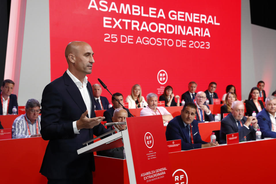 The president of the Spanish soccer federation Luis Rubiales speaks during an emergency general assembly meeting in Las Rozas, Friday Aug. 25, 2023. Rubiales has refused to resign despite an uproar for kissing a player, Jennifer Hermoso on the lips without her consent after the Women's World Cup final. Rubiales had also grabbed his crotch in a lewd victory gesture from the section of dignitaries with Spain's Queen Letizia and the 16-year old Princess Sofía nearby. (Real Federación Española de Fútbol/Europa Press via AP)