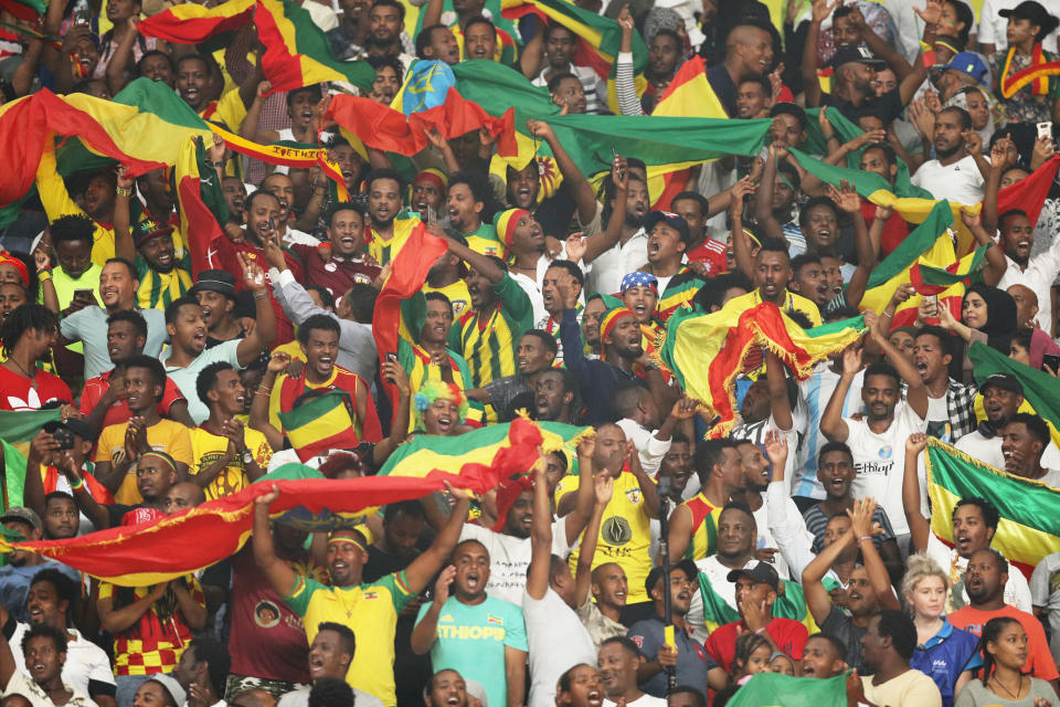 DOHA, QATAR - SEPTEMBER 30: Fans of Ethiopia cheer during the Men's 5000 metres final during day four of 17th IAAF World Athletics Championships Doha 2019 at Khalifa International Stadium on September 30, 2019 in Doha, Qatar. (Photo by Patrick Smith/Getty Images)