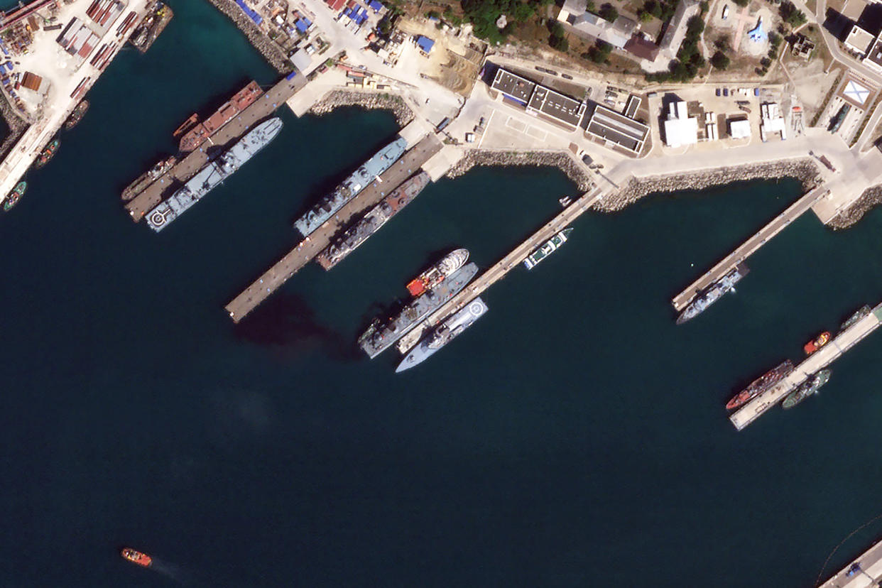 This satellite photo appears to show the damaged Russian landing vessel Olenegorsky Gornyak leaking oil while docked at Novorossiysk, Russia, on Aug. 4, 2023.<span class="copyright">Planet Labs PBC</span>