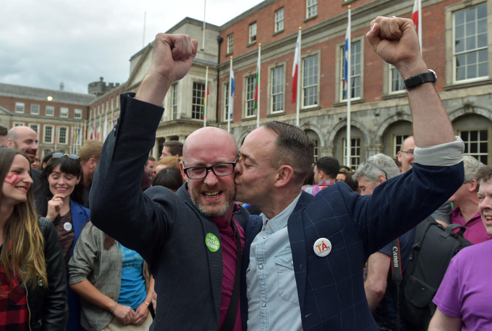 A couple celebrates in Ireland's Dublin Castle Square after the majority of the country voted to change&nbsp;its constitution to&nbsp;<a href="http://www.huffingtonpost.com/2015/05/23/ireland-gay-marriage_n_7426874.html">legalize same-sex marriage</a> in a&nbsp;May 23 referendum.&nbsp;The new marriage equality legislation went into effect <a href="http://www.huffingtonpost.com/entry/congrats-to-the-first-same-sex-couple-to-be-married-in-ireland_564b3f1de4b045bf3df0c160">on Nov. 16</a>.