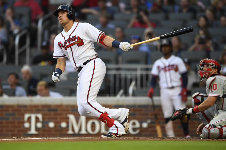 Atlanta Braves' Austin Riley watches his home run during a the second inning of baseball game against the Philadelphia Phillies, Saturday, June 15, 2019, in Atlanta. (AP Photo/John Amis)