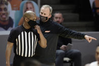 Tennessee coach Rick Barnes speaks to an official during the team's NCAA college basketball game against Missouri on Saturday, Jan. 23, 2021, in Knoxville, Tenn. (Calvin Mattheis/Knoxville New-Sentinel via AP, Pool)