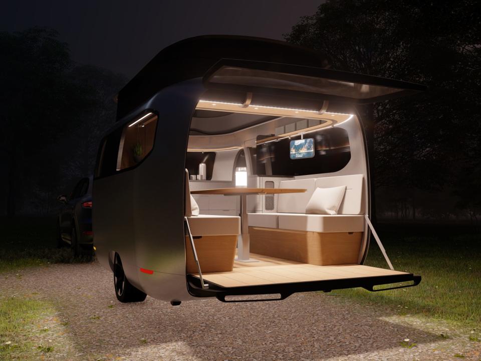 A rendering of the interior of the Airstream Studio F. A. Porsche Concept Travel Trailer.