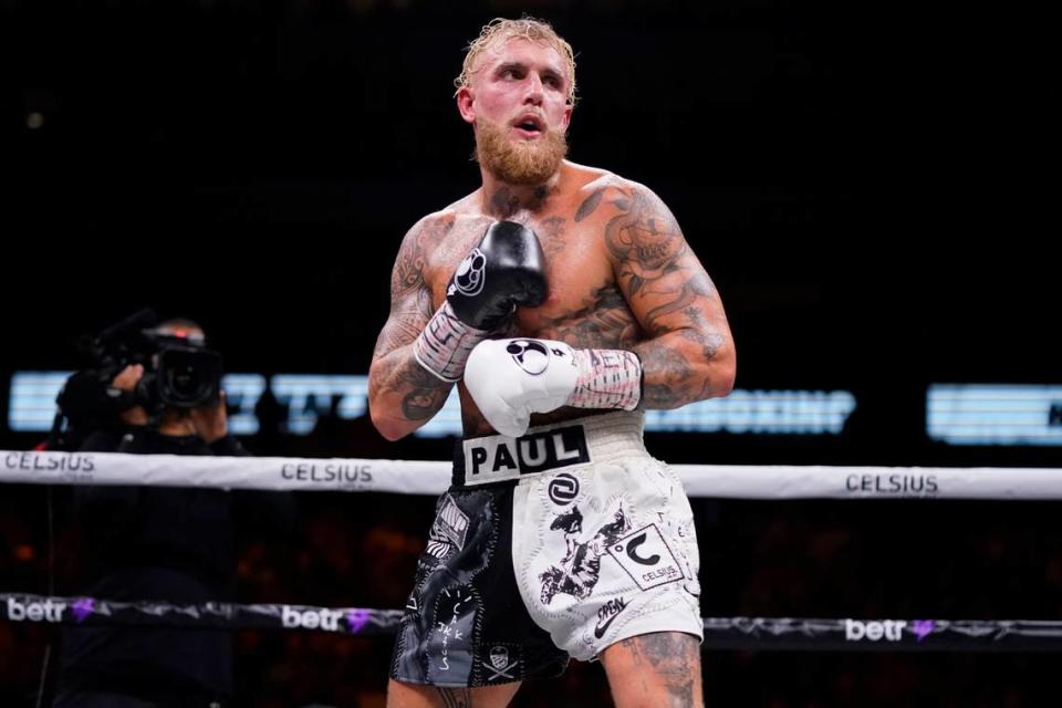 Jake Paul stands in the ring during the fifth round of his fight against Nate Diaz at the American Airlines Center on August 05, 2023 in Dallas, Texas.