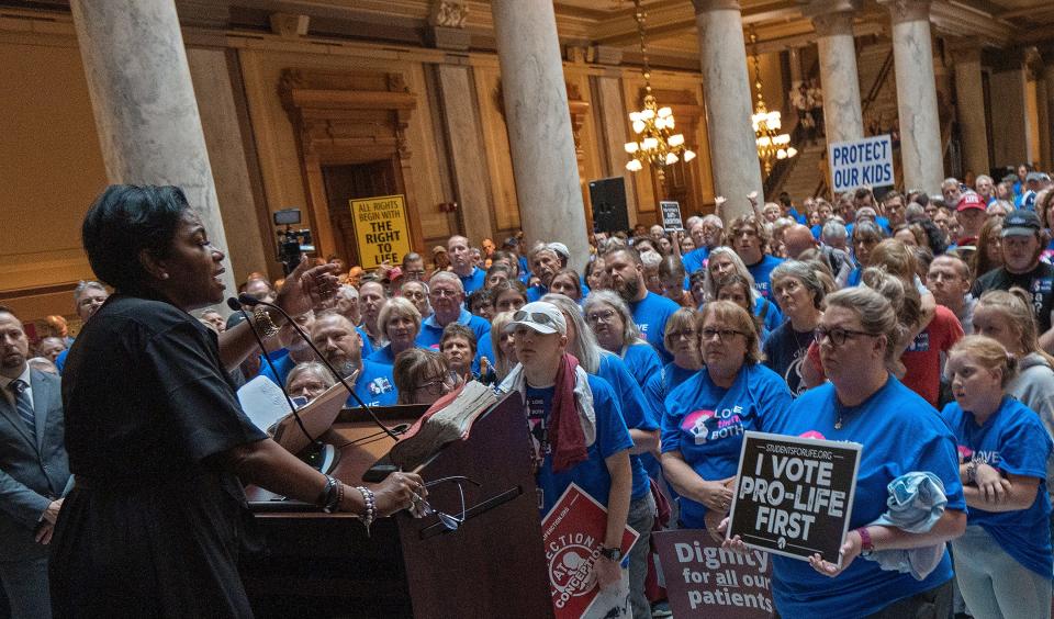 Angela Minter speaks during the Love them Both Rally hosted by Right to Life Indiana at the Indiana Statehouse, Tuesday, July 26, 2022 in Indianapolis, Ind.  Indiana legislature are in a special session to discuss abortion law.