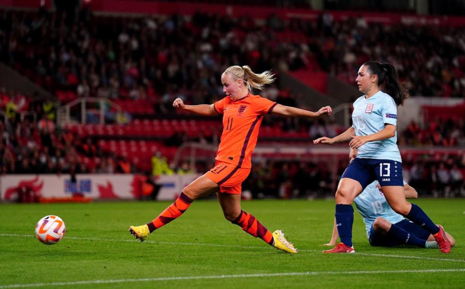 Beth Mead scores England’s fifth goal (Mike Egerton/PA) (PA Wire)