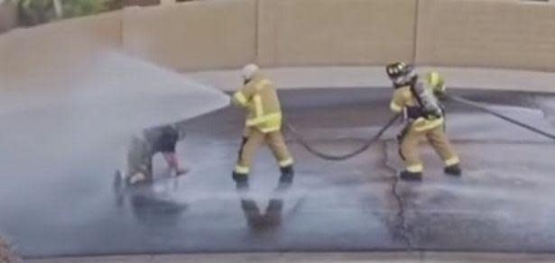 消防人員直接用水柱沖走費雪身邊的殺人蜂群。（翻自《紐約郵報》）