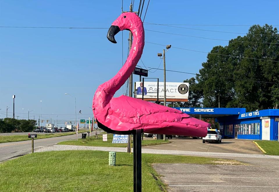 Mrs. Ruth, the big metal flamingo outside Jan's Beach House Grill in Montgomery, was restored after being destroyed by a crash in 2023.