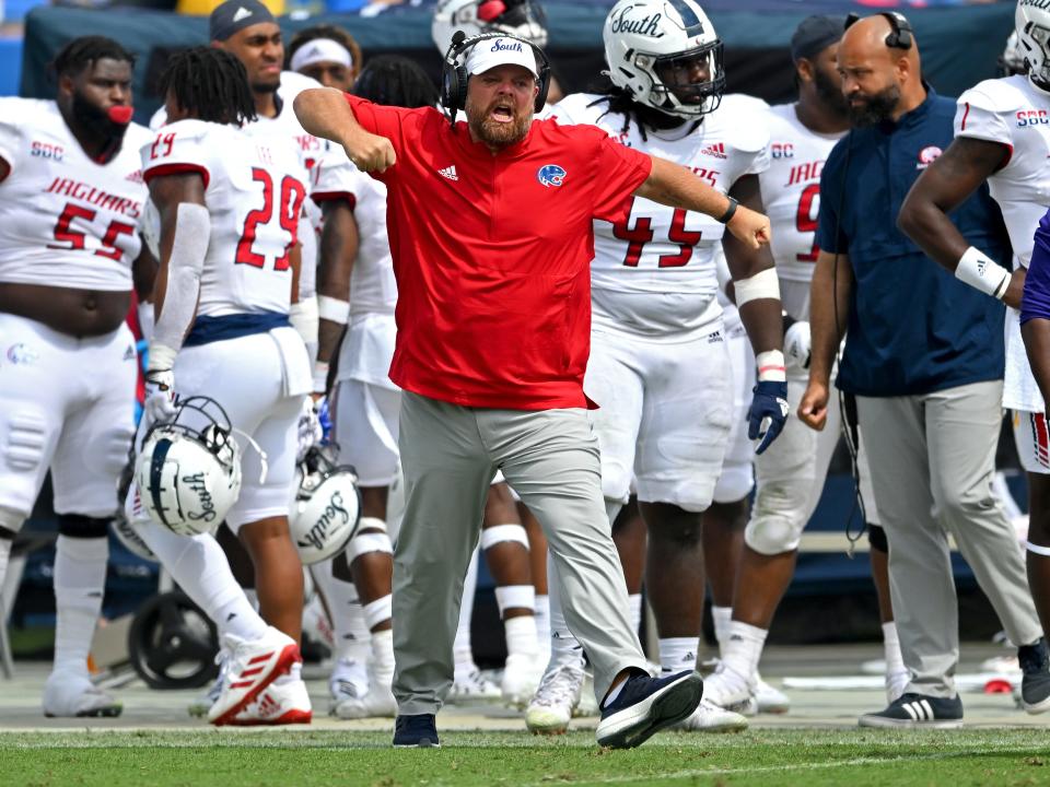 South Alabama coach Kane Wommack celebrates after his team's touchdown against during their 2022 game at the Rose Bowl.